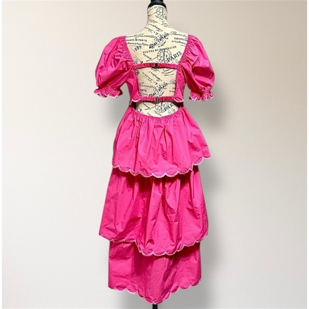English Factory Anthropologie L Pink Scallop Tiered Maxi Dress Puff Sleeve Boho - Picture 5 of 7